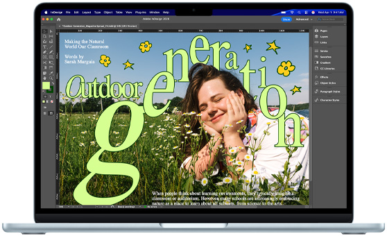 Adobe InDesign 프로젝트를 보여주는 MacBook Air