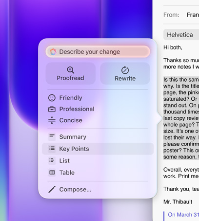 Skrivverktyg används för att markera ett långt stycke text i ett mejl, i menyn Skrivverktyg är alternativet Huvuddrag valt, med en ikon för en punktlista