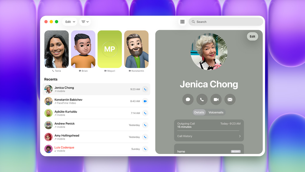 Appen Telefon visas på MacBook Neo med olika kontakter och en lista över de senaste samtalen, ett samtal är markerat och visar information om den kontakten
