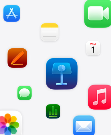 Apple-appar: Keynote, Pages, Numbers, Musik, Bilder, Anteckningar, Kalender, Mail, FaceTime, Meddelanden, App Store