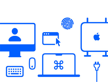 Dispositivos y funcionalidades de Apple, cable de carga, notebook y computador de escritorio Mac, teclado, mouse, monitor, ventana de macOS, Touch ID