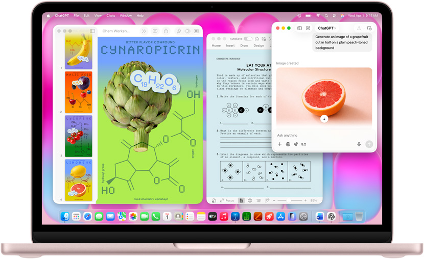 MacBook Neo, color rosado rubor, se usa ChatGPT para generar una imagen de un pomelo, otras ventanas contienen un documento de Keynote con pósters de moléculas con imágenes de frutas, verduras y compuestos moleculares asociados, y un documento de Microsoft Word relacionado