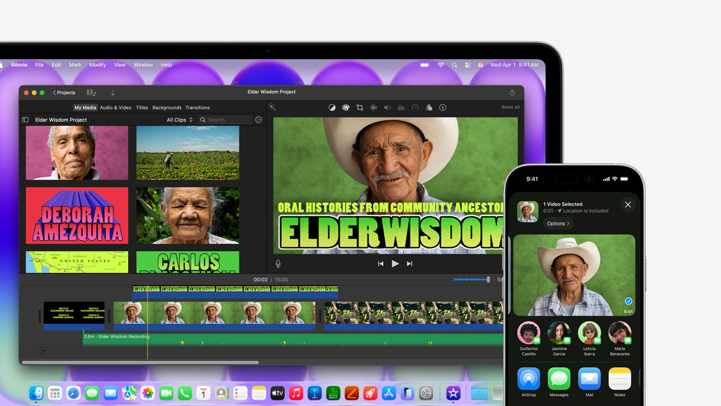 MacBook Neo, color plata, muestra una ventana de iMovie con un proyecto sobre sabiduría ancestral, junto a un iPhone que muestra el video de una de las personas que aparecen en la ventana de iMovie, debajo del video hay una lista de opciones para compartir, como AirDrop