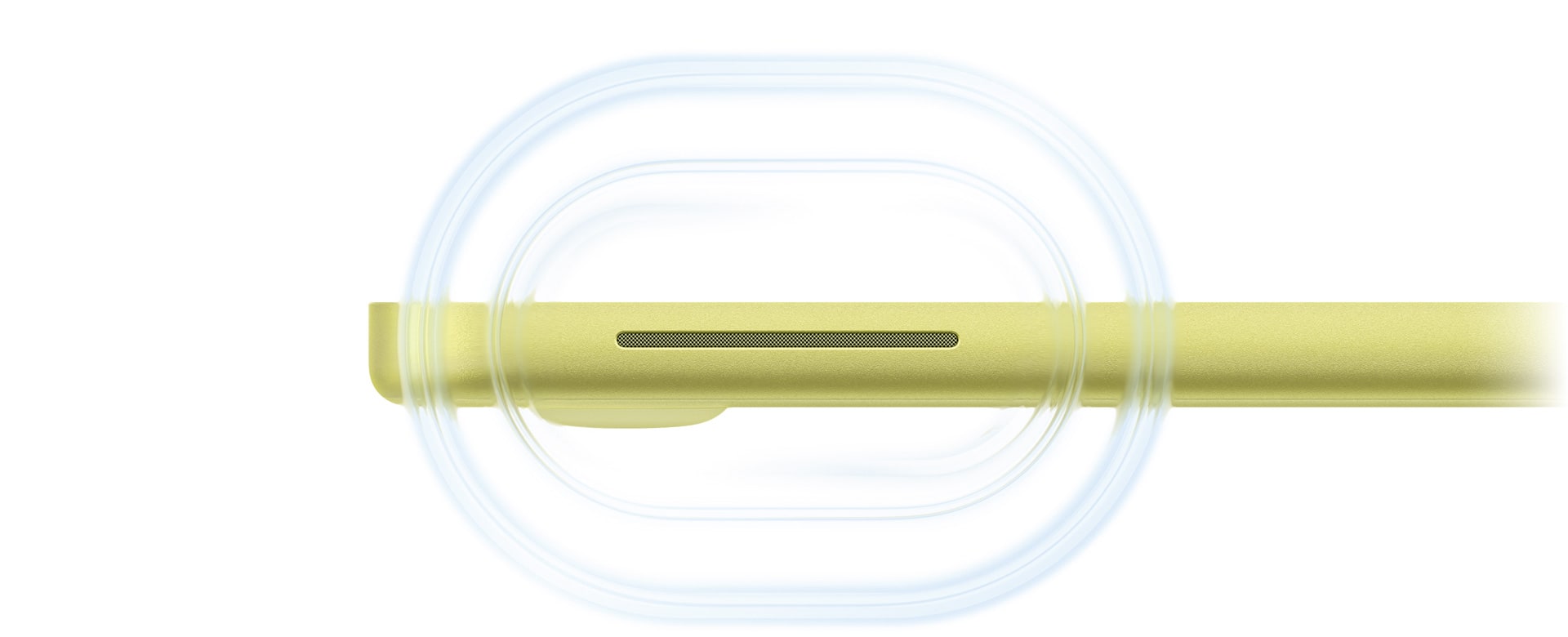 MacBook Neo, color amarillo cítrico, abierto, ondas sonoras que se propagan desde el parlante del lado derecho del computador cerca de la parte delantera