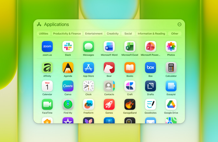 Ventana de aplicaciones con PowerPoint, Word, Excel y OneNote de Microsoft, Google Chrome, Google Drive, FaceTime, Mensajes, Fotos, Notas, Canva, WhatsApp, Zoom, Essayist, Craft, Affinity, Box y Todoist