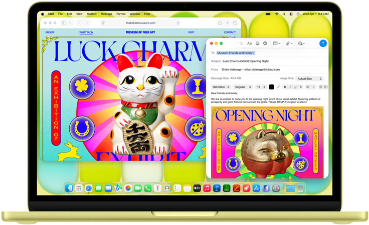 MacBook Neo, color amarillo cítrico, manos en el teclado, una persona está redactando un email con una invitación a un evento deportivo, el sitio web del evento está abierto al lado