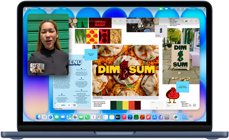 MacBook Neo, color índigo, videollamada en curso, ventana de Freeform con un menú, fotografía de comida e ilustraciones para un restaurante de dim sum