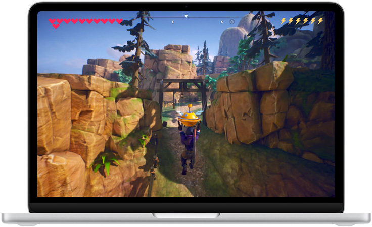MacBook Neo, color plata, la pantalla muestra una escena del juego Oceanhorn 3