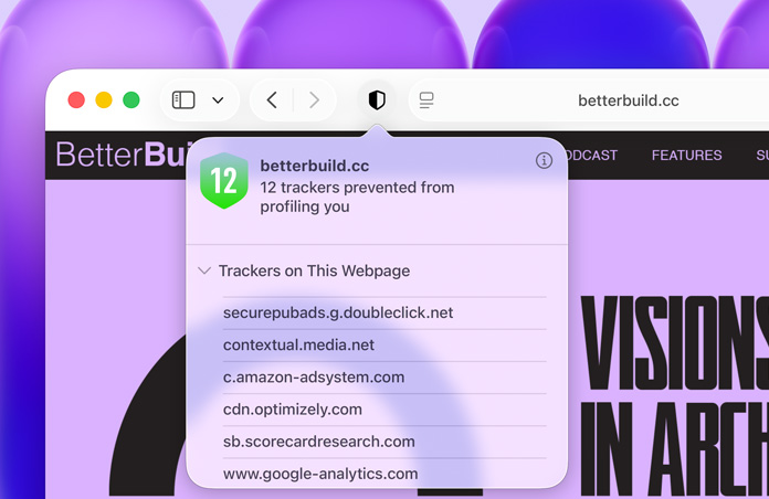 Funcionalidad Informe de Privacidad en uso, que muestra una lista de rastreadores de sitios web que Safari está impidiendo que creen un perfil del usuario
