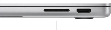Kapağı kapalı duran M3 çipli 14 inç MacBook Pro’nun SDXC kart yuvasını ve HDMI bağlantı noktasını gösteren sağdan görünümü