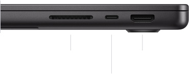 Kapağı kapalı duran M3 Pro veya M3 Max çipli 14 inç MacBook Pro’nun SDXC kart yuvası, bir adet Thunderbolt 4 bağlantı noktası ve HDMI bağlantı noktasını gösteren sağdan görünümü