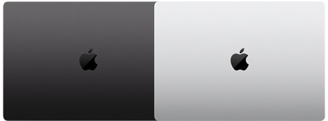 İki adet 16 inç MacBook Pro modelinin dış görünümleri, sunulan iki renk seçeneğini sergiliyor