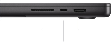 Kapağı kapalı duran 16 inç MacBook Pro’nun SDXC kart yuvasını, bir adet Thunderbolt 4 bağlantı noktasını ve HDMI bağlantı noktasını gösteren sağdan görünümü