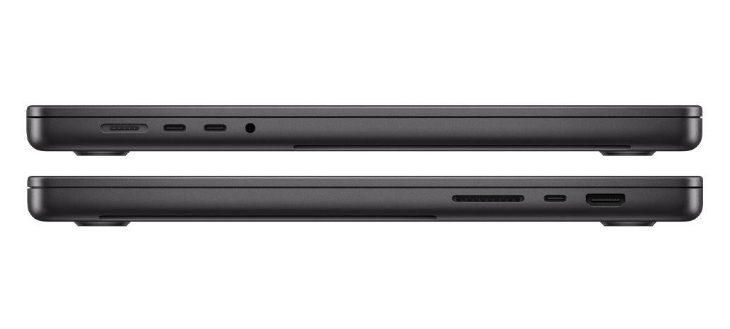 Portas do MacBook Pro com processador M3 Pro ou M3 Max: no lado esquerdo, porta MagSafe 3, duas portas Thunderbolt 4 e saída para auscultadores; no lado direito, ranhura para cartões SDXC, uma porta Thunderbolt 4 e porta HDMI