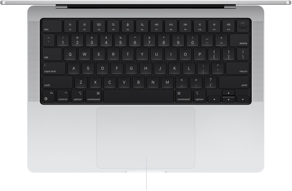 Изглед отгоре на отворен 14-инчов MacBook Pro, който показва Force Touch trackpad под клавиатурата