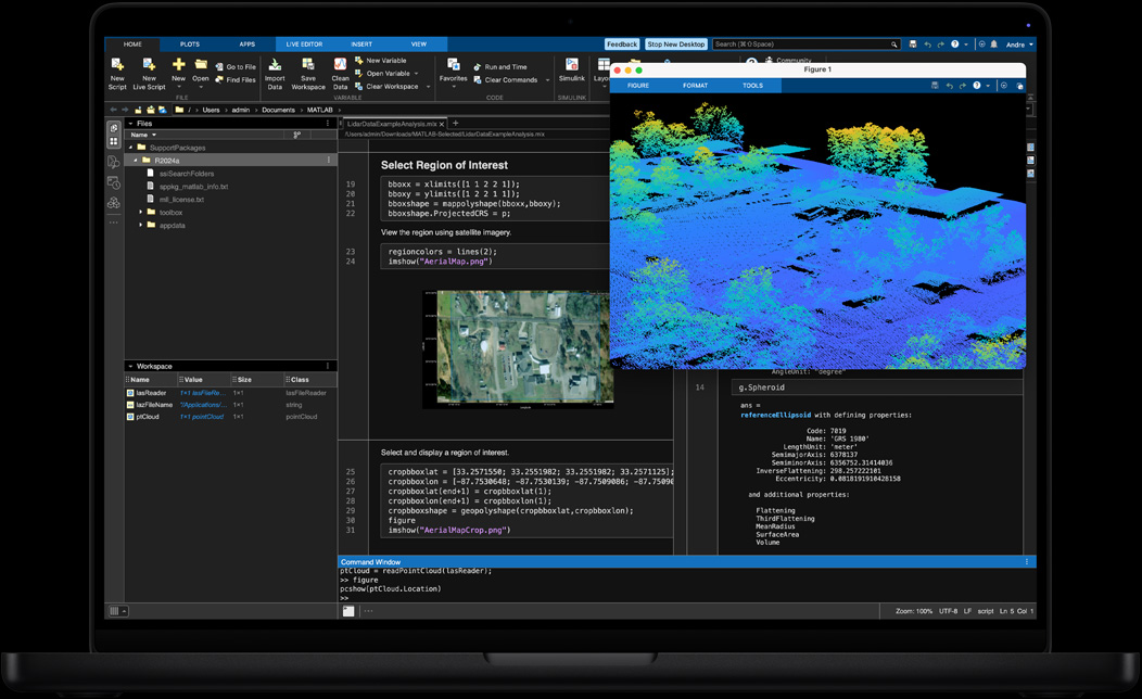 Ecranul MacBook Pro afișează MATLAB utilizat pentru procesarea și vizualizarea datelor geospațiale