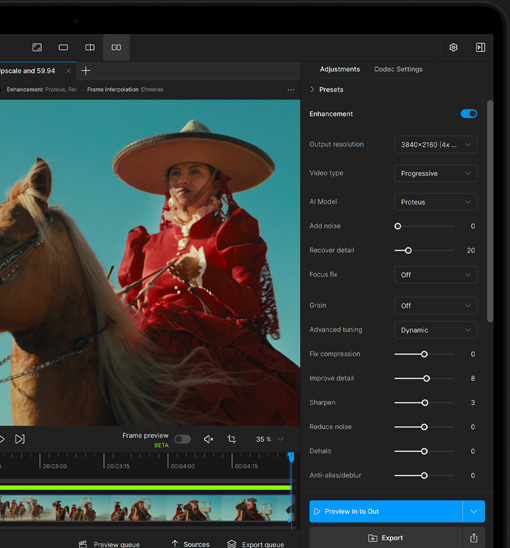 Ecranul unui MacBook Pro care afișează un videoclip îmbunătățit cu ajutorul AI în Topaz Video