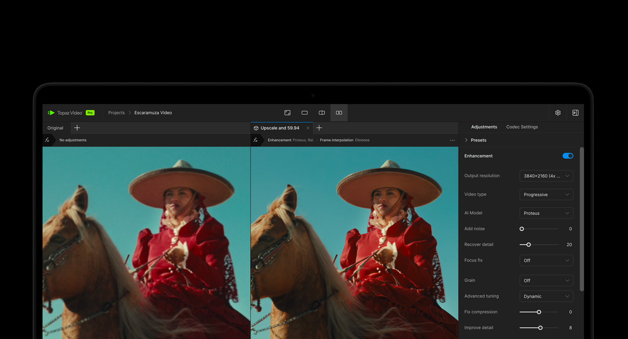 Ecranul unui MacBook Pro care afișează un videoclip îmbunătățit cu ajutorul AI în Topaz Video