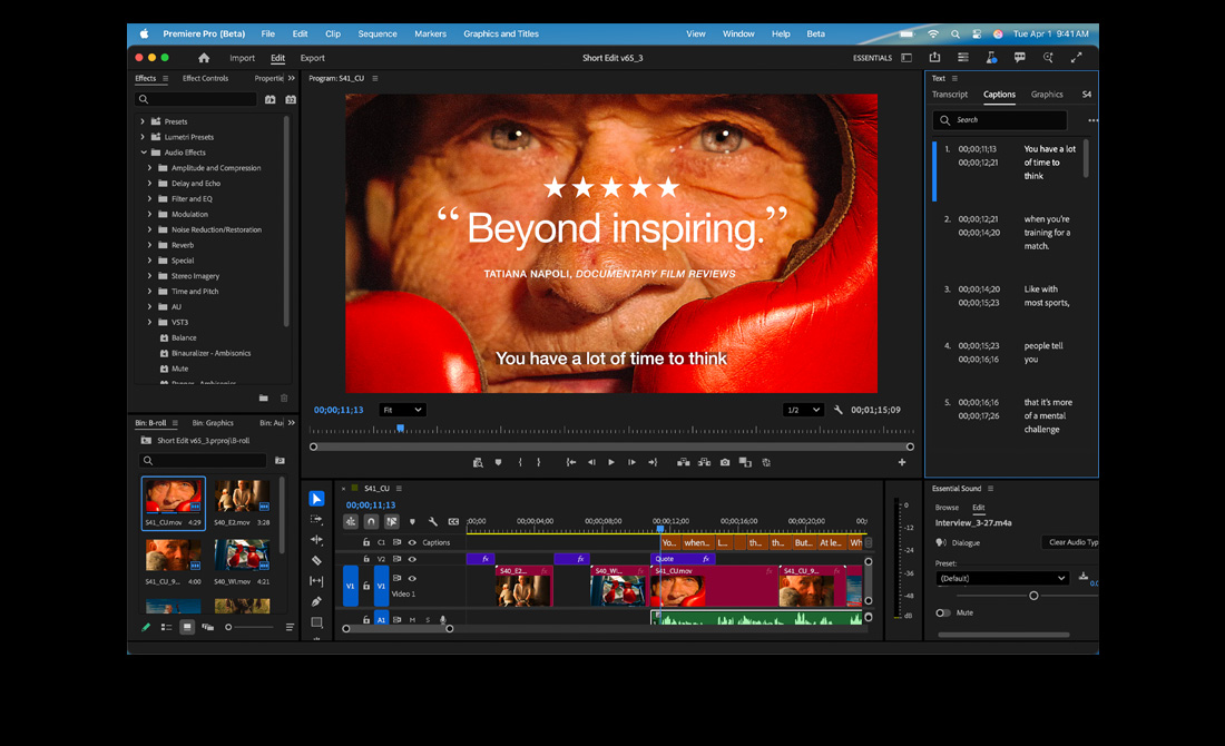 Écran d’un MacBook Pro montrant le montage d’un film intitulé Eternal Play dans Adobe Premiere Pro