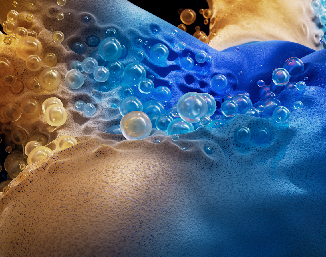 Animație 3D cu forme texturate albastre în mișcare, demonstrând performanța ridicată a MacBook Pro în proiecte cu grafică solicitantă