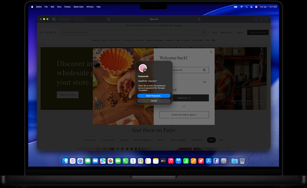 Fenêtre invitant à utiliser Touch ID pour se connecter à un site Internet dans Safari
