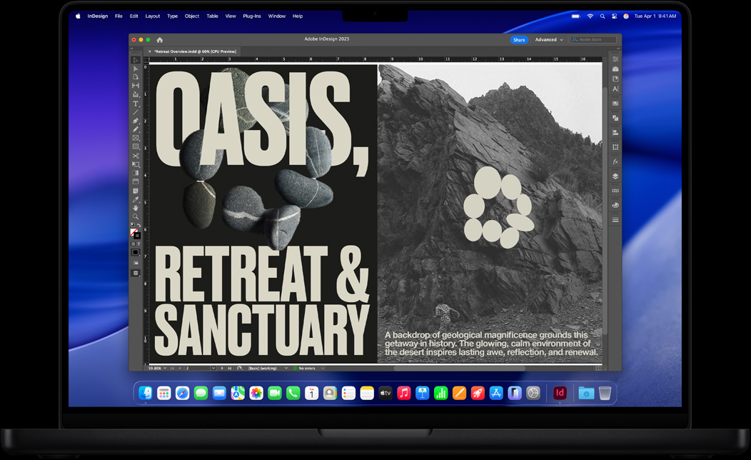 MacBook Pro 螢幕展示使用 Adobe InDesign 製作一間度假村的海報