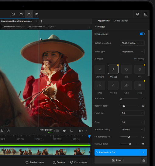 MacBook Pro 螢幕展示在 Topaz Video 中以 AI 提升影片質素