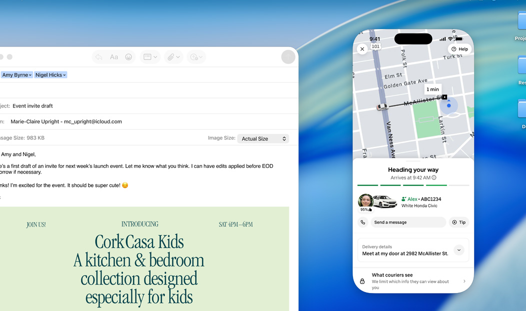 MacBook Pro 展示打開的郵件 app，以及輸出到 MacBook Pro 螢幕上的 iPhone 鏡像輸出畫面，顯示 Uber Eats 即將送達
