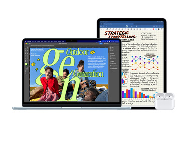 MacBook Pro、AirPods 和 iPad 並排而列