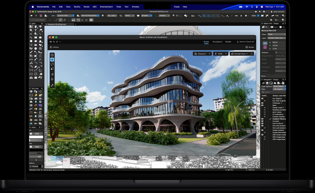 Maxon Redshift가 설치된 Vectorworks Design Suite를 보여주는 MacBook Pro 화면