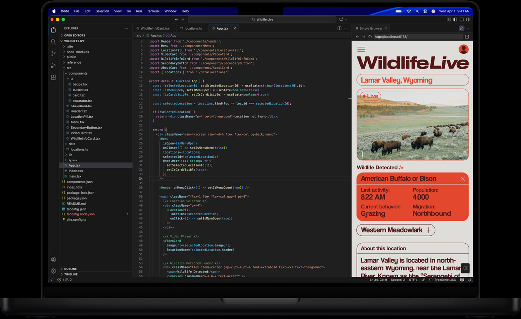 Visual Studio Code를 사용해 앱을 코딩하는 모습을 보여주는 MacBook Pro 화면
