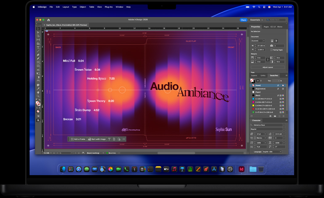 바이닐 레코드 슬리브를 만들기 위해 Adobe InDesign을 사용 중인 MacBook Pro 화면