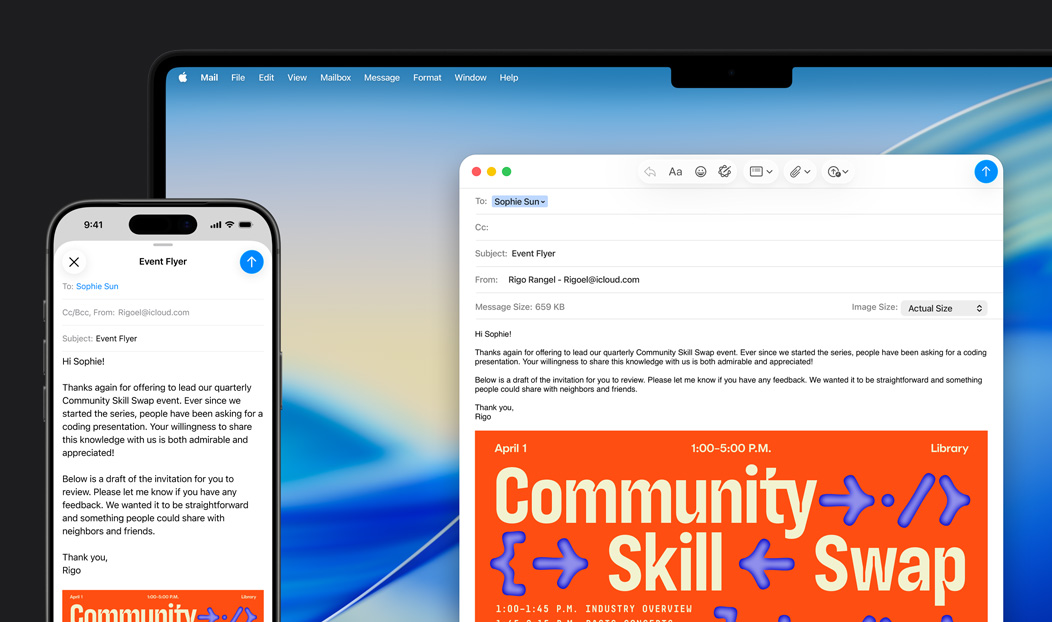 iPhone 16 Plus와 MacBook의 Mail 앱에 동일한 이메일 초안이 열려 있는 모습