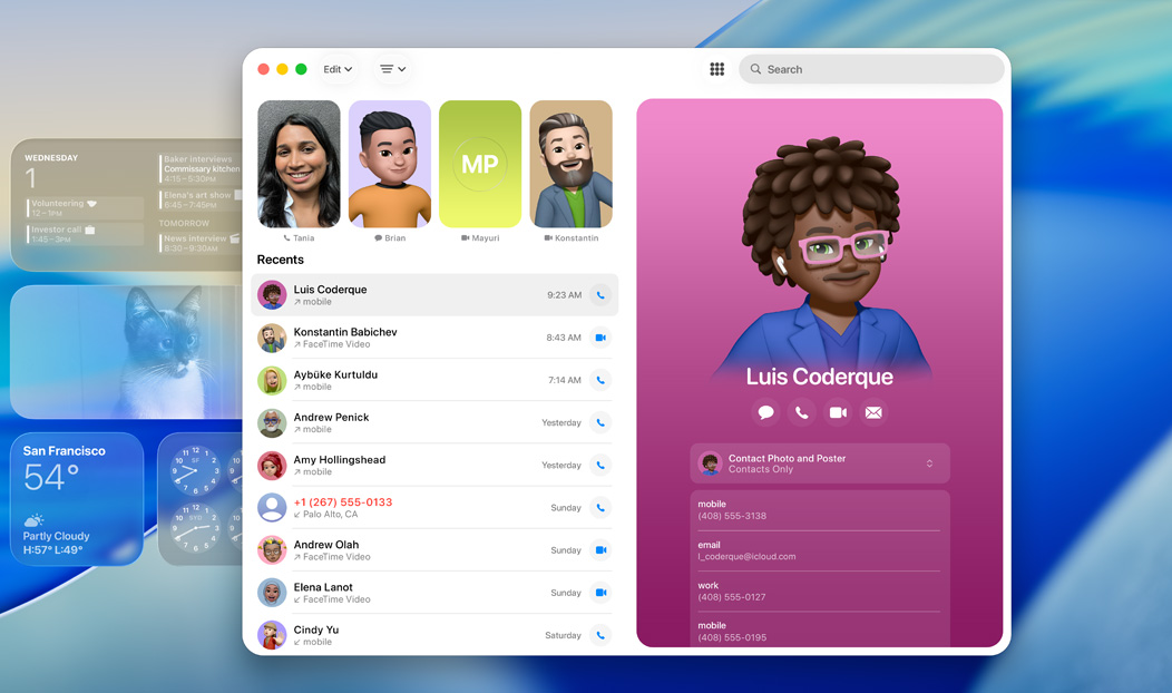 MacBook Pro에 열려 있는 전화 앱에 최근 통화한 연락처가 표시된 모습