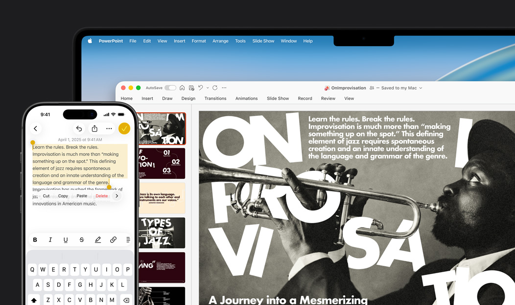 메모 앱 속 텍스트가 하이라이트된 iPhone 16 Plus와 Microsoft PowerPoint 슬라이드가 열린 MacBook Air의 모습. 메모 앱의 텍스트가 슬라이드에 표시돼 있습니다.