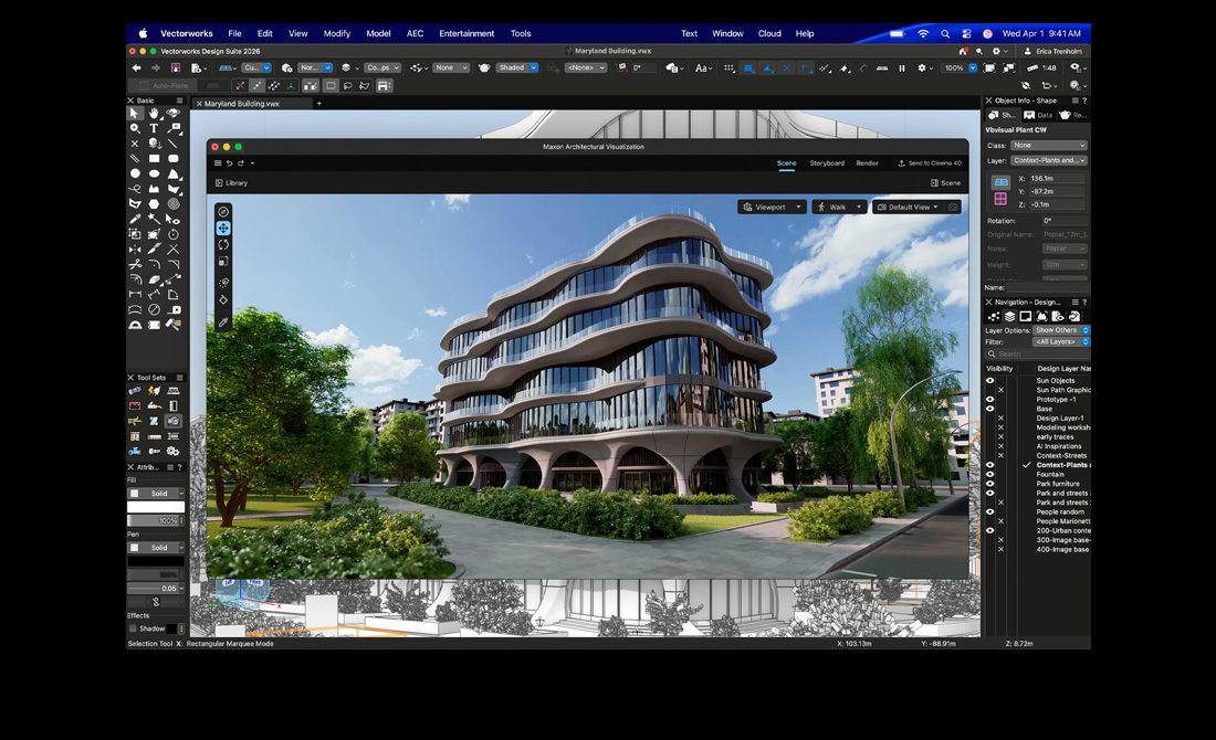 Maxon Redshift가 설치된 Vectorworks Design Suite를 보여주는 MacBook Pro 화면