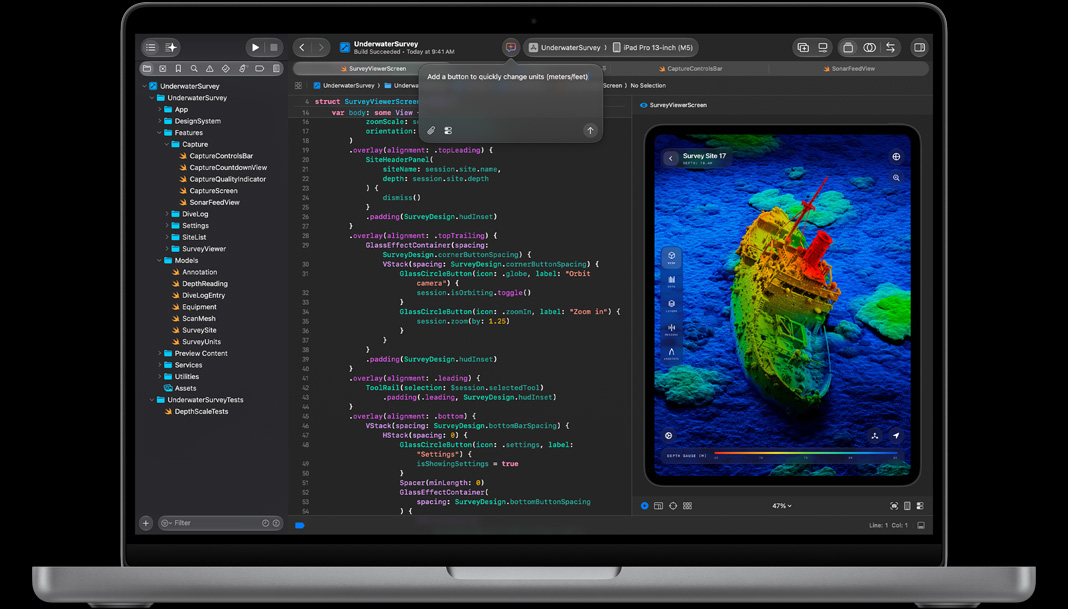 MacBook Pro, Xcode, prompt de assistente de IA que diz: Adicione um botão para alterar rapidamente unidades, metros ou pés, editor de código com código Swift à esquerda, a prévia à direita mostra um app para iPad com um escaneamento 3D de um naufrágio no fundo do mar