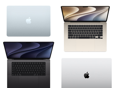 Quatro computadores Mac de vários modelos, tamanhos e cores, demonstrando as opções de personalização