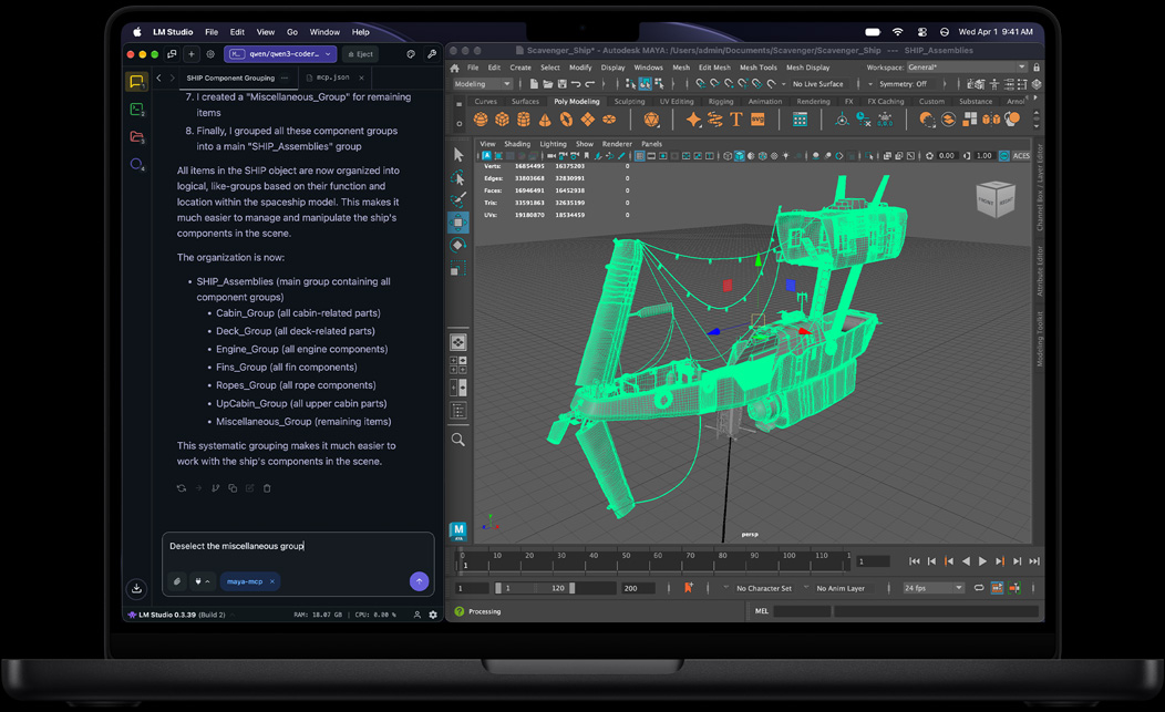 MacBook Pro, LM Studio, lista de etapas de um assistente de IA para agrupar componentes de uma nave espacial, prompt que diz: Desmarque o grupo Vários, Autodesk Maya, modelo 3D em wireframe verde de uma nave espacial