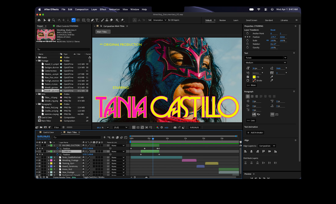 A tela do MacBook Pro mostra o After Effects com o título de uma produção original estrelada por Tania Castillo sobre a foto de uma lutadora com máscara de luchaador rosa e azul. O painel Propriedades e a timeline estão visíveis