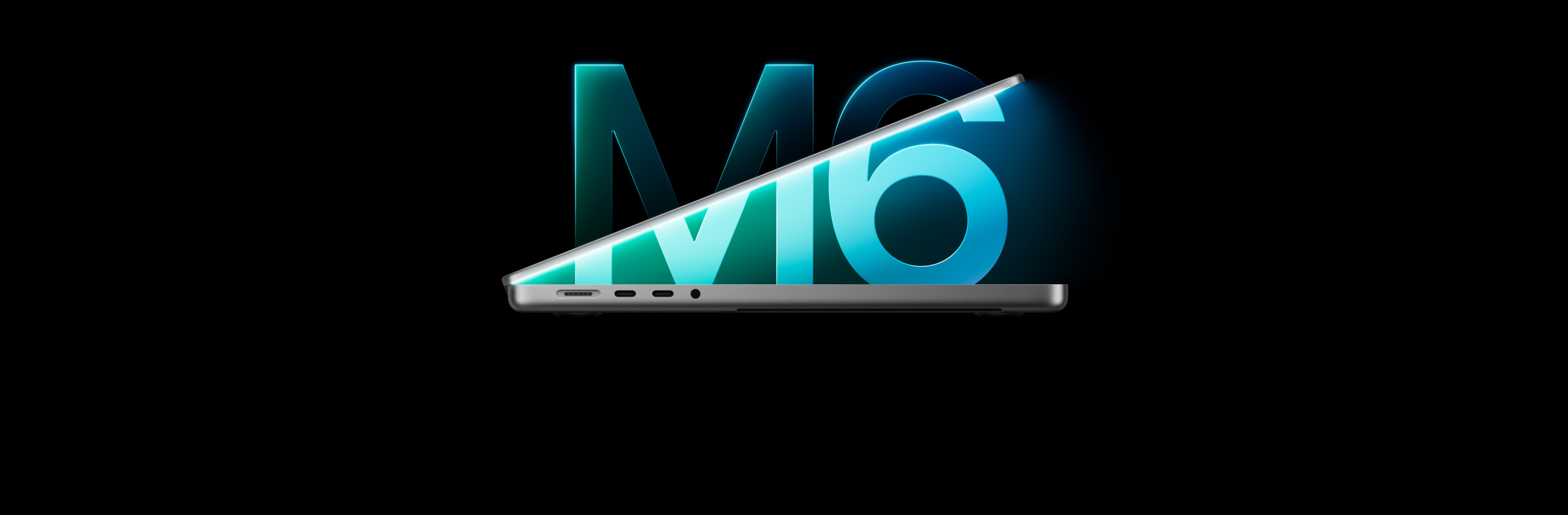 Imagem de perfil do MacBook Pro prateado se posicionando em formato de seis, fazendo referência ao chip M6