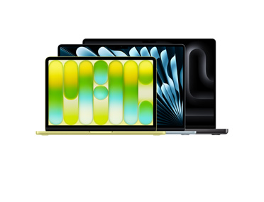 Three MacBook Products: 13-inch MacBook Neo, open lid, citrus colour, Liquid Retina display, rounded raised feet, 15-inch MacBook Air, open lid, sky blue colour, rounded raised feet, 16-inch MacBook Pro, open lid, space black colour, rounded raised feet