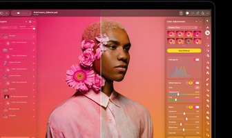 Screen showing Pixelmator Pro, split before and after portrait, pink flowers in subject’s hair, left side vibrant pink colour tones, right side neutral tones, Layers panel on left, Colour Adjustments panel on right
