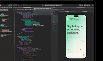 MacBook Pro, Xcode, code editor shows comment: Connect the app to Apple Intelligence, iPhone preview, Quantum College Hospital app, text reads: Say hi to your scheduling assistant, buttons: View open shifts, Swap my next shift