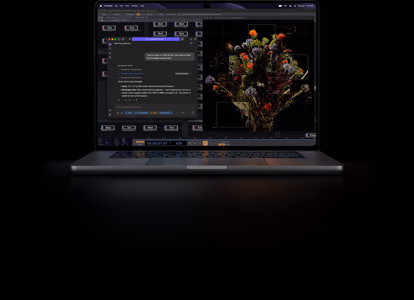 16-inch MacBook Pro with PROLED XDR Display, silver colour, screen shows an image being created using TouchDesigner and LM Studio