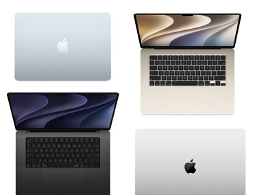 Four MacBooks of various models, sizes and colours, demonstrating the range of customisation