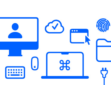 Personal Setup logo, with Mac iconography for an iMac, file window, Touch ID, Mac tower, keyboard, mouse, macBook and charging cable