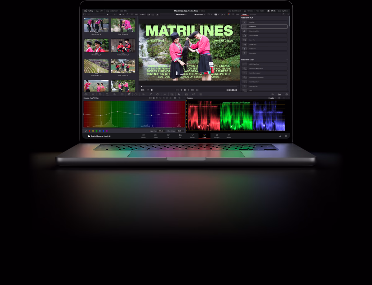 MacBook Pro with PROLED XDR Display, silver colour, screen shows a film being edited in DaVinci Resolve Studio