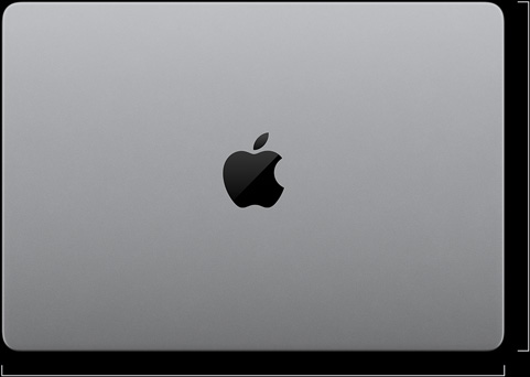 MacBook Pro with PROLED XDR Display, silver colour, top, closed, showing measurements: length is 21.63 centimetres or 8.52 inches, width is 31.08 centimetres or 12.24 inches