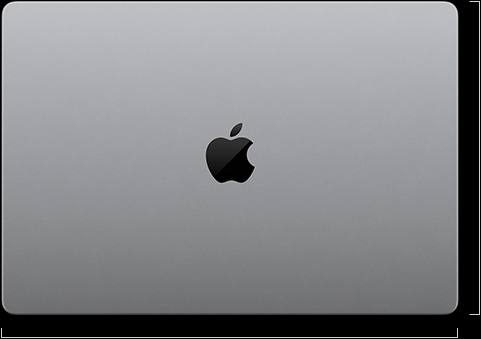 MacBook Pro with PROLED XDR Display, silver colour, top, closed, showing measurements: length is 24.42 centimetres or 9.62 inches, width is 35.55 centimetres or 14.0 inches